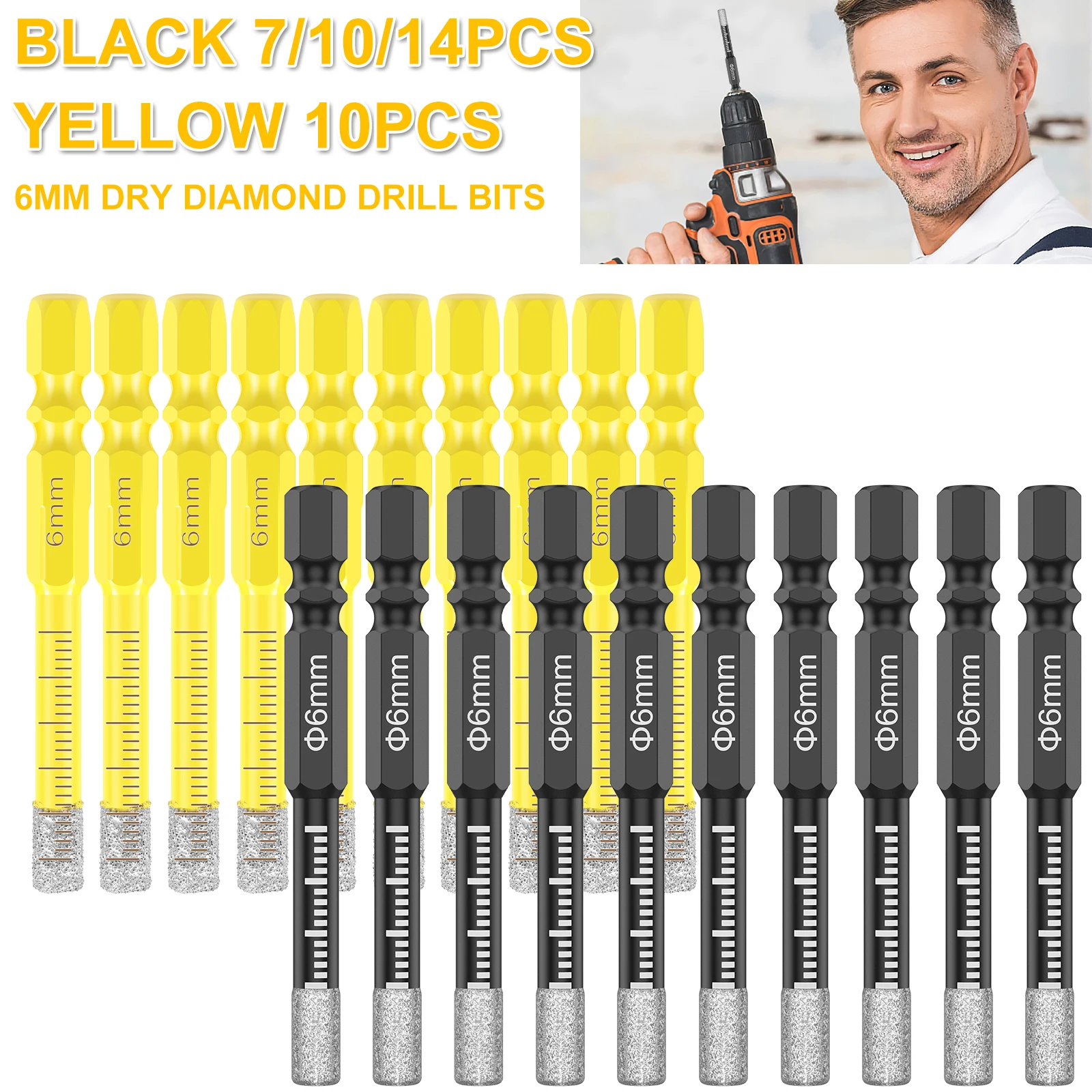 

7/10/14Pcs Diamond Drill Bit Vacuum Brazed 6mm 1/4 Hex Shank For Porcelain Tile Ceramic Glass Granite Quick Change Hex Shank