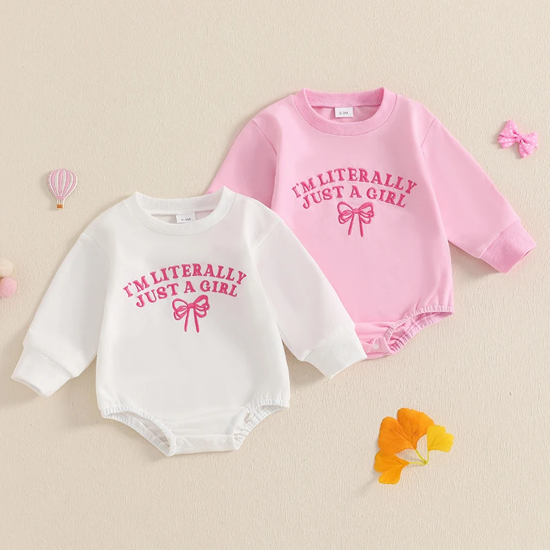 SUNSIOM Baby Girls Sweatshirts Rompers Letter Bowknot Embroidered Round Neck Long Sleeve Fall Bodysuits Jumpsuits