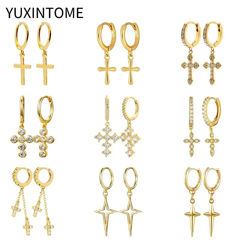 

925 Sterling Silver Ear Needle Minimalist Cross Pendant Earrings for Women Multicolor Zircon Punk Cross Earrings Fashion Jewelry