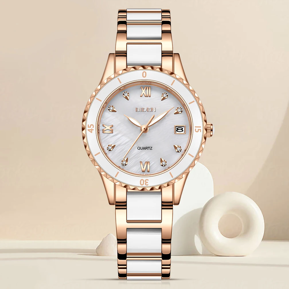 BIDEN Ladies' Watch Anti Ceramic Strap Ladies' Watch Luxury Diamond Inlaid Luminous Pointer Calendar Original Quartz Watch