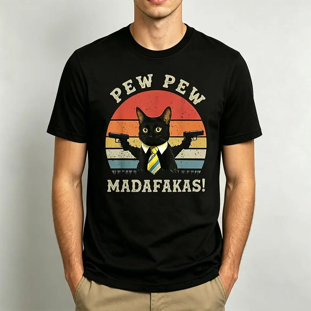 Funny Pew Pew Madafakas Black Cat T-shirt Men Vintage Sunset Graphic Harajuku Casual Short Sleeve Top Unisex Street Y2k Clothing