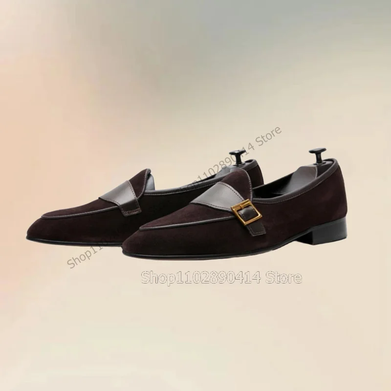 Sepatu Slip On kasual untuk pria, sepatu loafer atasan rendah dekorasi gesper logam warna abu-abu hitam cokelat, sepatu kasual buatan tangan, sepatu Pesta Jamuan Makan pria