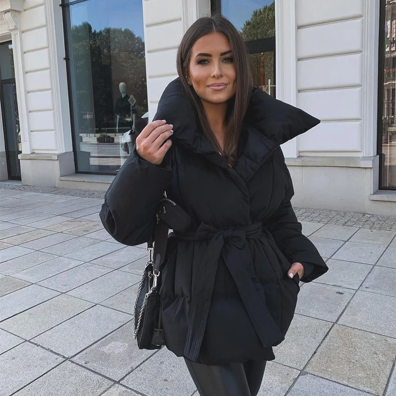 Women Solid Fashion Lapel Tie-up Cotton Coat Long Sleeved Waist Cinched Warm Loose Jacket Lady Casual Commute Winter Outwear 11 S22e5f0e69c7a4a12aeee83f057661161A