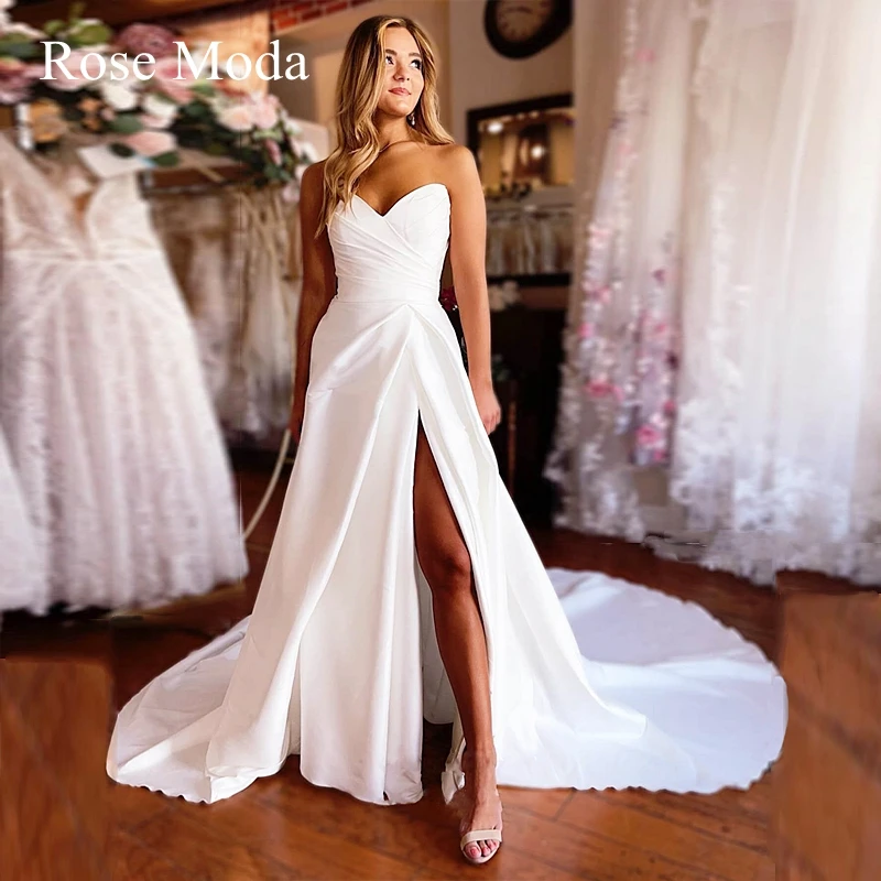 

Rose Moda Simple Satin Wedding Dresses with High Slit Destination Bridal Gown Custom Make