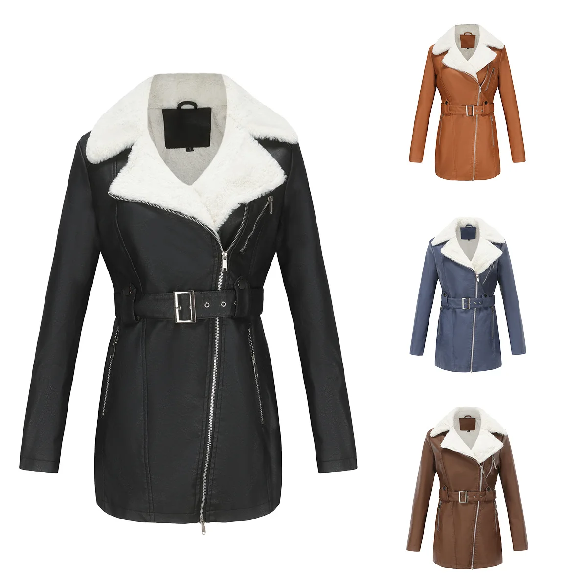 2024 Autumn/winter new long sleeve plus fleece leather classic fashion lapel double head zipper belt warm coat