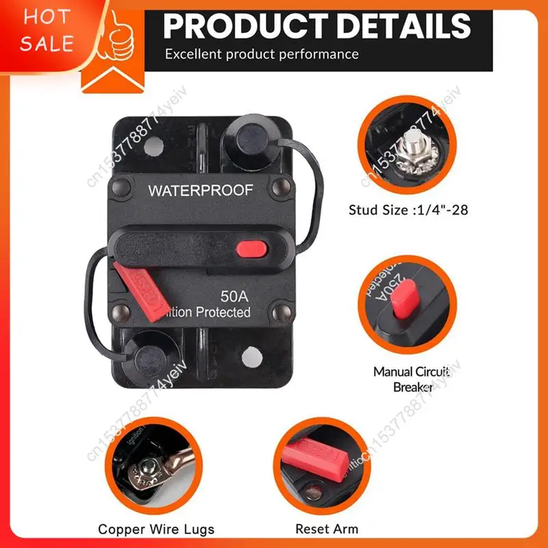 Disjoncteur automobile 50 ampères avec réinitialisation manuelle, porte-fusible étanche pour moteurs de pêche à la traîne, bateaux et automobile A62X