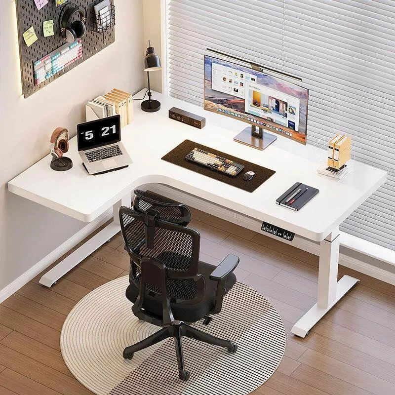 Solid wood corner electric height-adjustable desk, double computer desk, home office desk