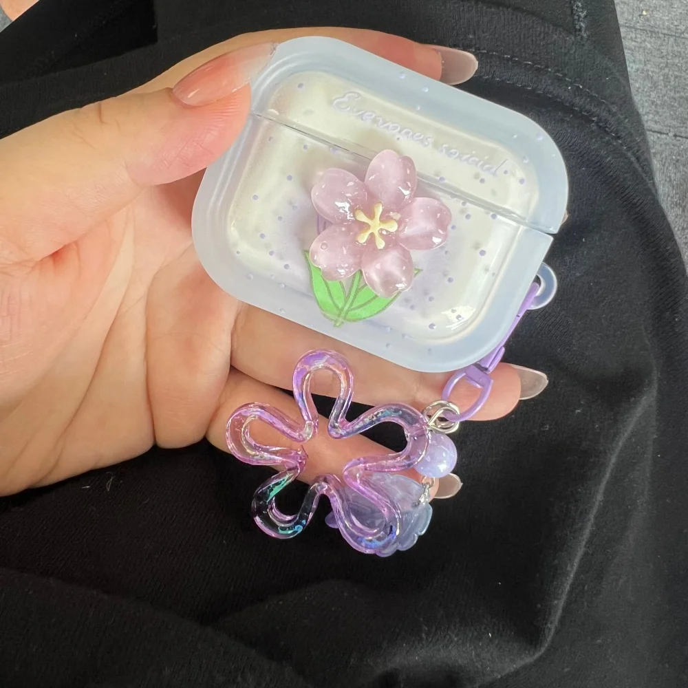 

Korean Purple Flower Earphone Case for Airpods 4 Pro 2 1 2 3 Pro3 Wireless Bluetooth Headset Protective Cover With Pendant