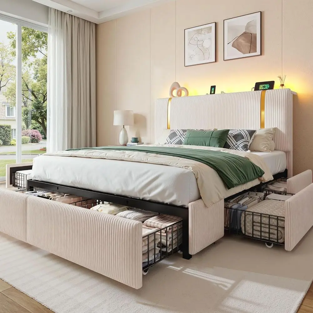 Cama Queen Size Estofada com 6 Gavetas, Tábua Ajustável, Luz LED, Estação de Carregamento, Suporte Metálico Reforçado, Bege