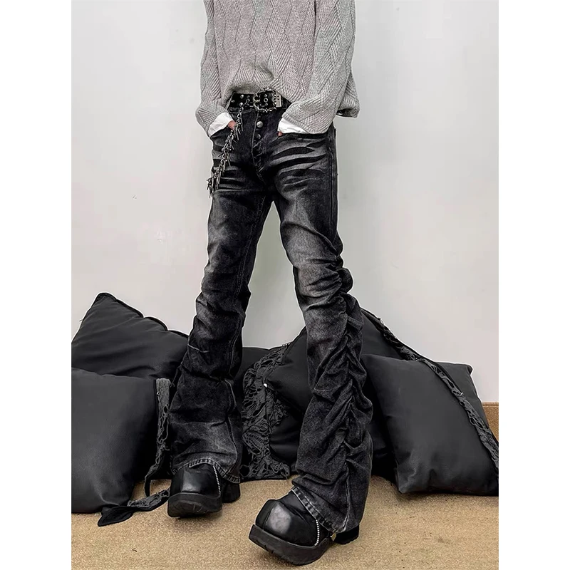 Spring Men's Flare Cargo Jeans Black Harajuku Japanese Low Rise Denim Pants Abi Y2k Bell Bottom American Retro Gyaru Bootcut New