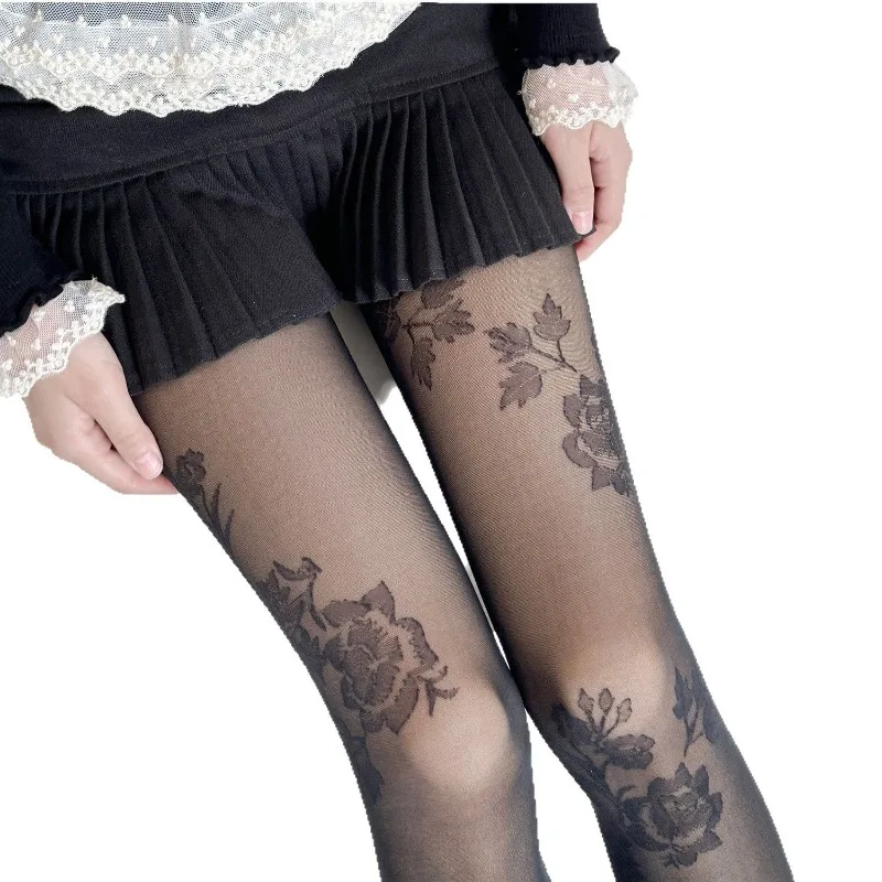 Vintage Cream White Tights for Girls Large Floral Lace Rose Jacquard Pattern Pantyhose Sheer Slimming Pure Sexy Stockings