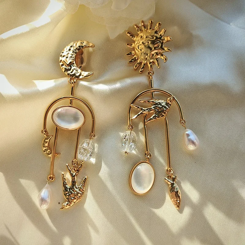 

AB Style Unique Design, Exaggerated Earrings, Shoulder-sweeping Tassel Pearl Dangle Fly Bird Charms Moon Sun Long Earrings