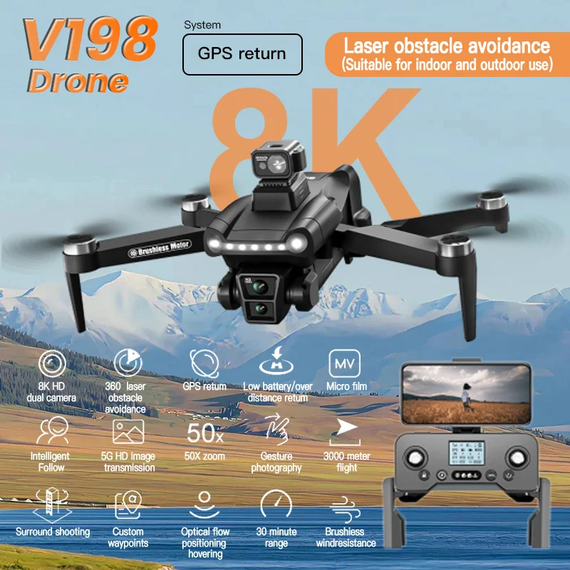 Prevenção de Obstáculos a Laser Sem Escova Profissional Mini Drone, Aéreo, Dobrável Quadcopter, Novo, Xiaomi V198GPS Drone, 8K