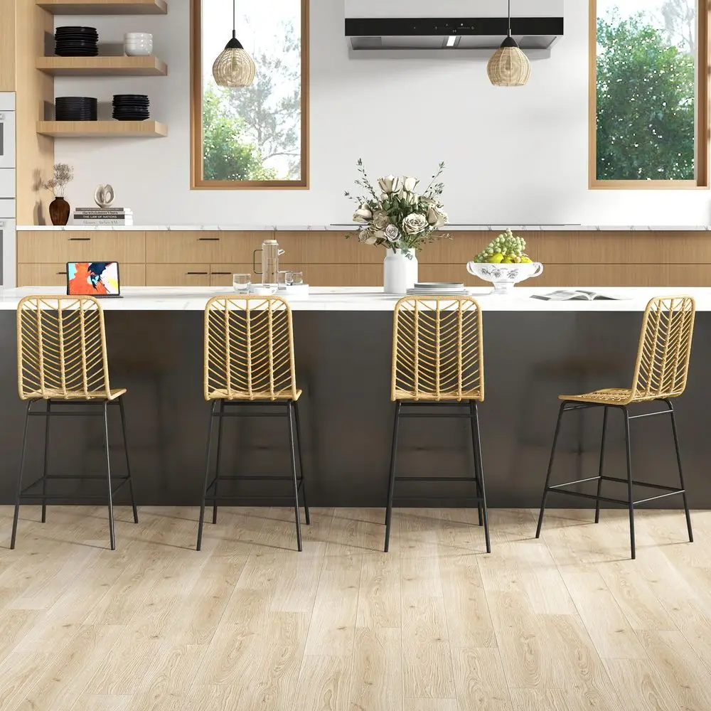 

Rattan Bar Stools Set of 4, 26 Counter Height Barstools, Boho Kitchen Island Stools with Breathable Wicker Seat and Back, Yello