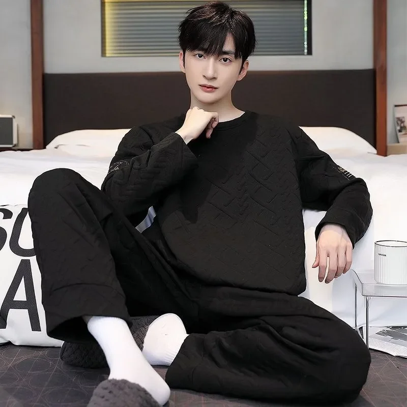 Loungewear Extra Large Winter Loose Air Cotton Sandwich Set Intensification Pure Cotton Pajamas Gentleman Autumn and Winter