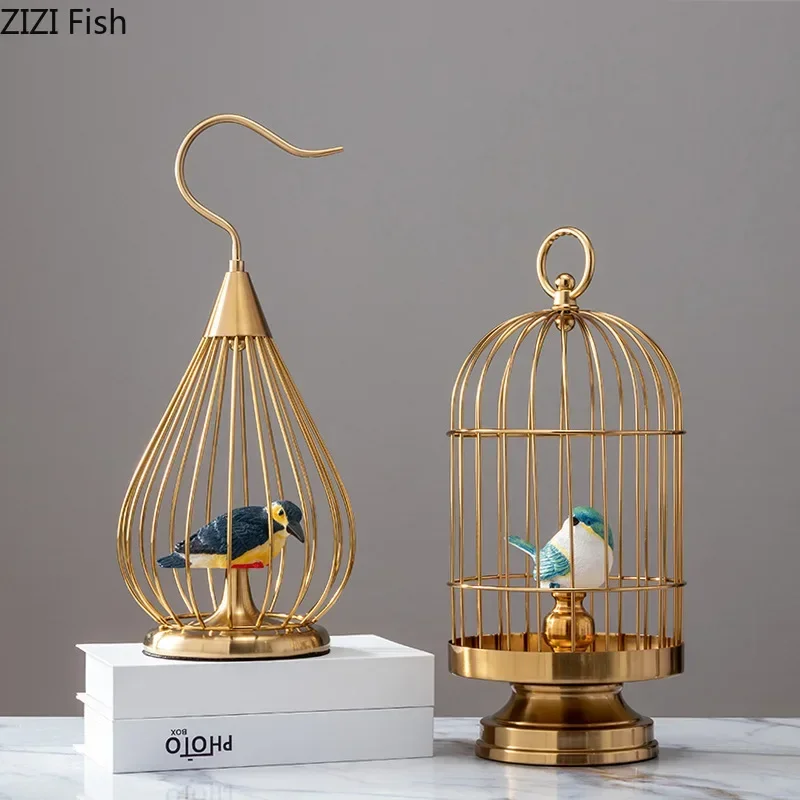 Creative Golden Metal Bird Cage Ornaments Suspension Simulation Animal Bird Cage Animal Sculpture Crafts Ornaments Decoration