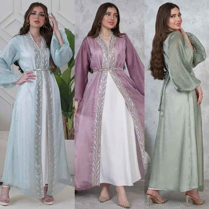 Middle Eastern ladies' Muslim three-piece set, including a puff-sleeved cardigan, a rhinestone-embellished long dress from Dubai