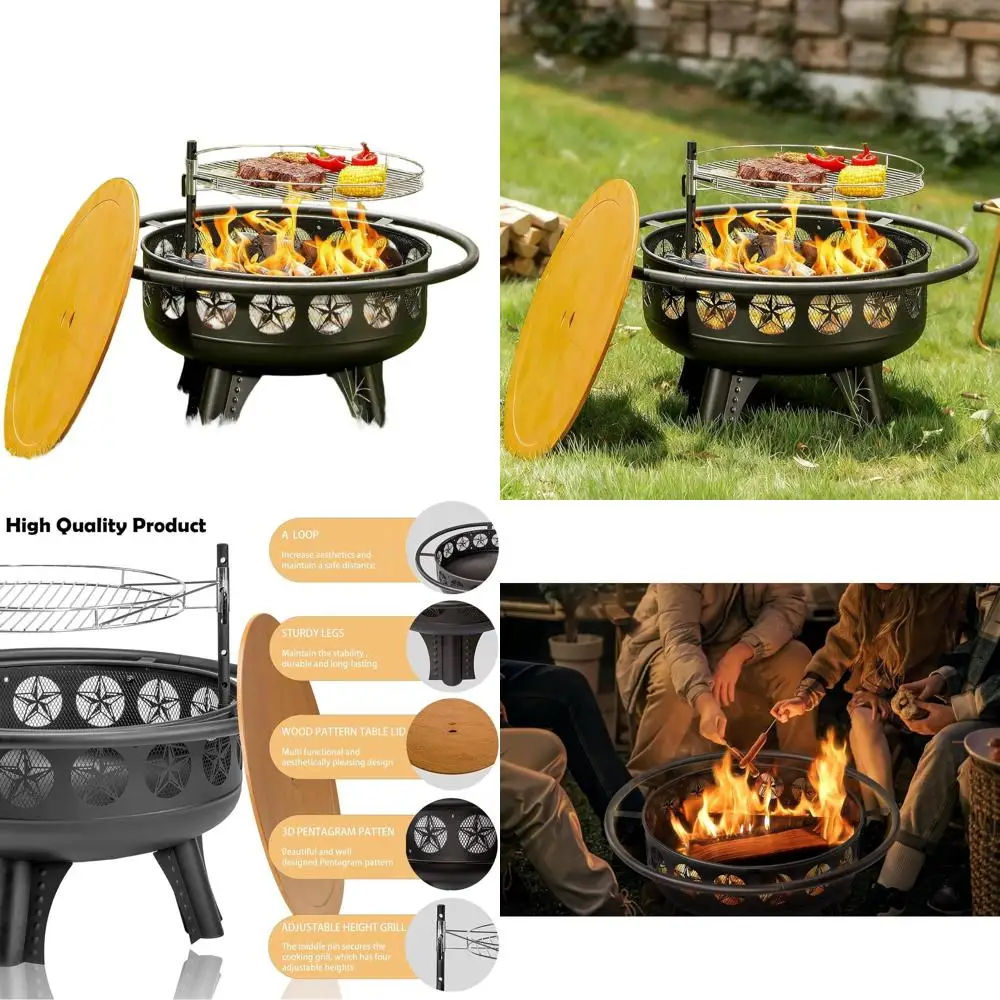 

32-дюймовая уличная костра для костра с поворотным грилем, стол для костра для патио 3-в-1, металлическая крышка и покер для барбекю на заднем дворе и кулачка