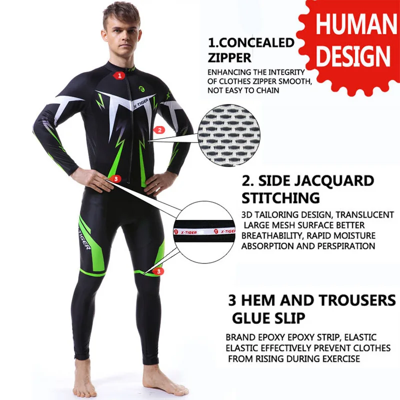 X-Tiger Cycling Jerseys Set 5D Gel Padded Bib Pants Mens Breathable Quick-drying Long Sleeve Bicycle Clothing Summer Bike Suits