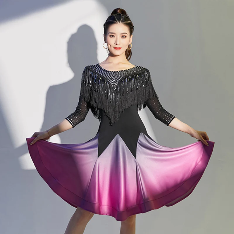 

Adult Women Latin Dance Competition Dress Tassel Rhinestone Gradient ChaCha Dancing Dress Rumba Performance Costume VDB5371