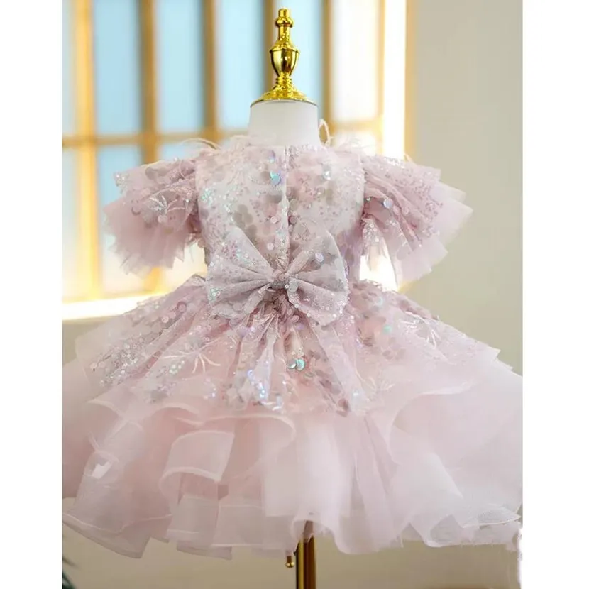 Baby Clothing Feather Sequin Design Baptism Birthday Party Gown Girls Christening Princess Dresses For Easter Eid Vestidos A2135