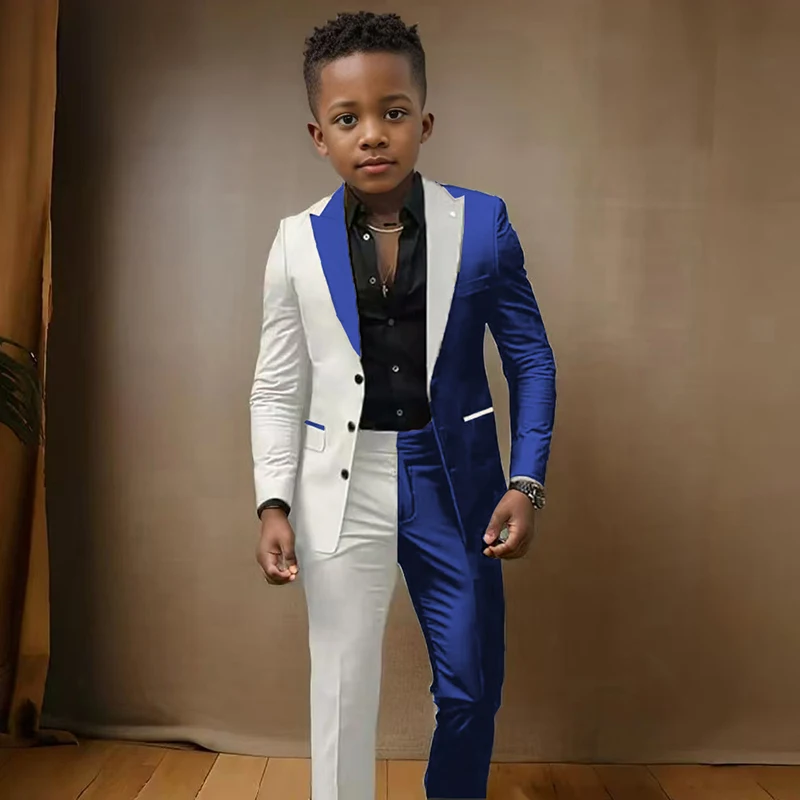 

Trendy White and Blue Color Block Boys Formal Suit Set Long Sleeves and Peak Lapel Two-Tone Suit Set Ring Bearer Suit Set