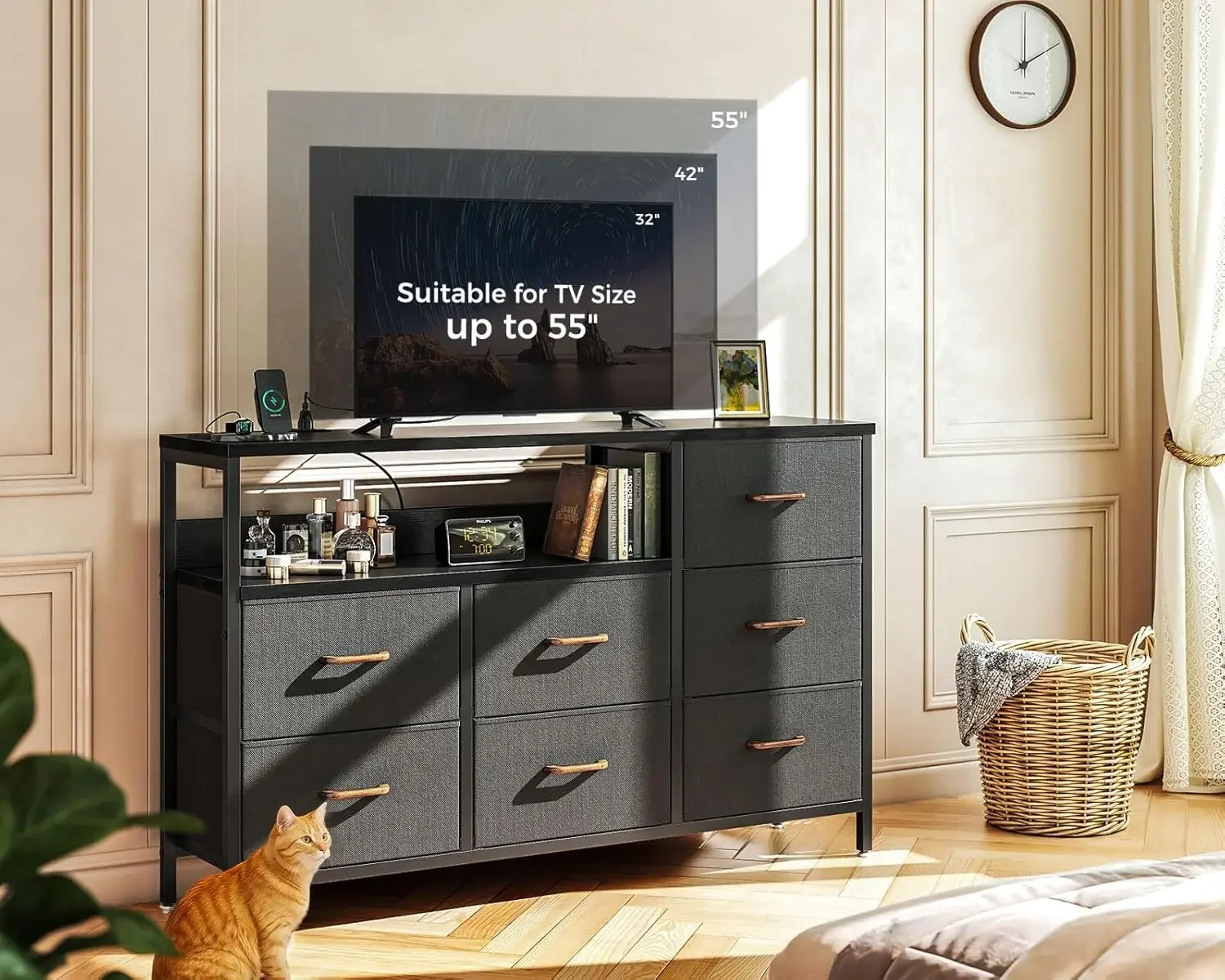 Dresser with Charging Station 52-Inch Long Dresser for Bedroom with 7 Large Fabric Drawers Dresser TV Stand with Open Shelves