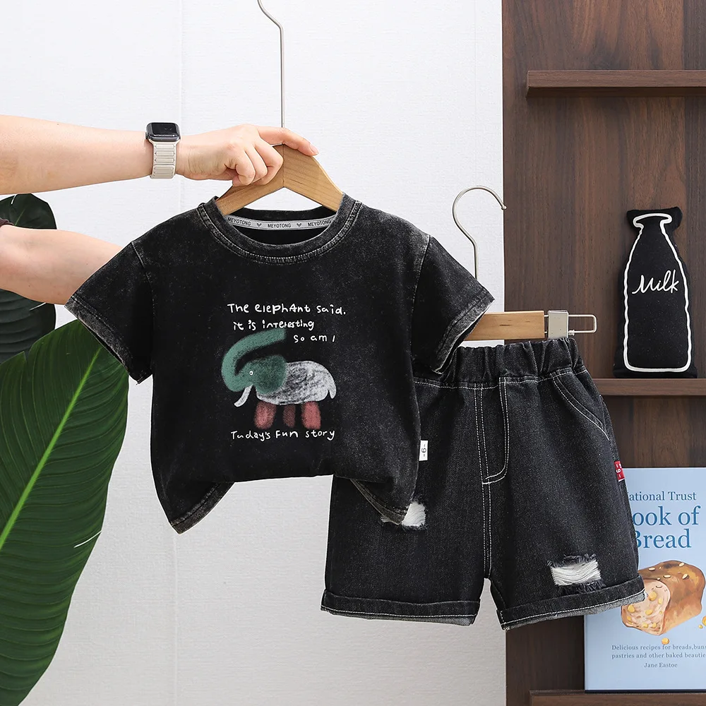 Boys Summer Suit Kids Boutique Clothes 2026 Fashion Baby Boy Elephant Print Short Sleeve T-shirts and Denim Shorts Two Piece Set