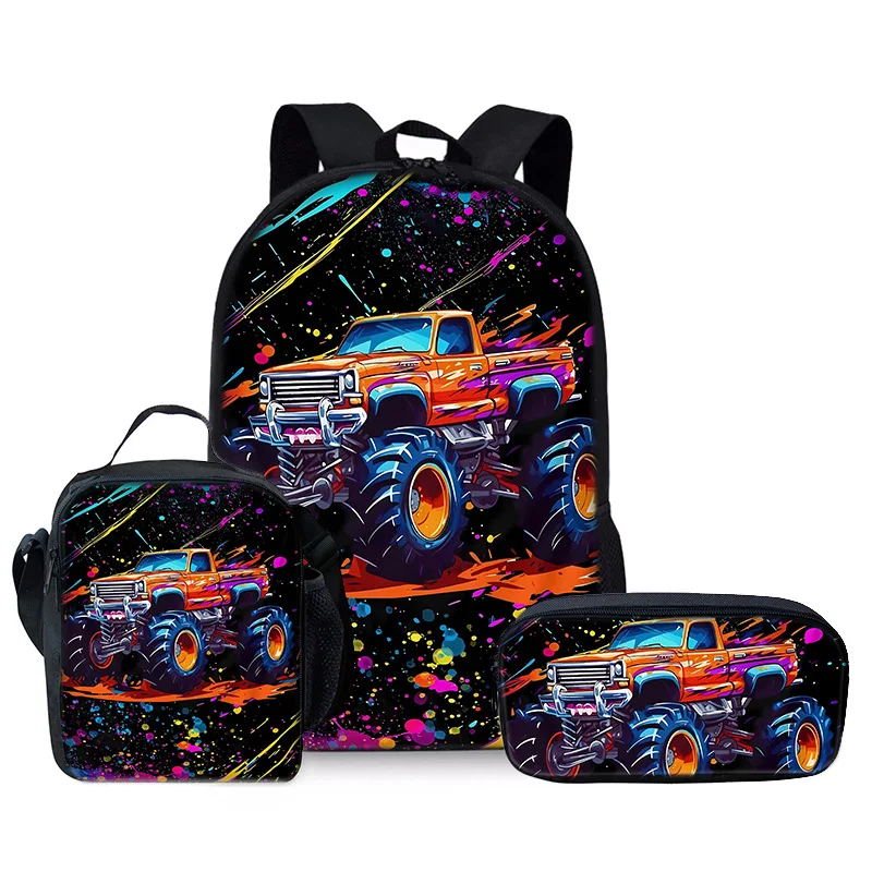 Harajuku Youthful Funny car off-road vehicle 3D Print 3pcs/Set Student Travel bags Laptop Daypack Backpack Lunch Bag Pencil Case