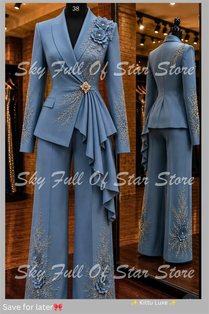 Dusty Blue Women Suit Set 2 Pcs 3D Floral Beaded Draped Blazer Wide Leg Pants Custom Cocktail Party Wedding Guest Lady Jacket