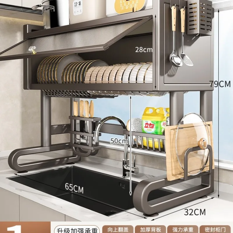 

Stainless steel kitchen sink, shelves, dish storage
