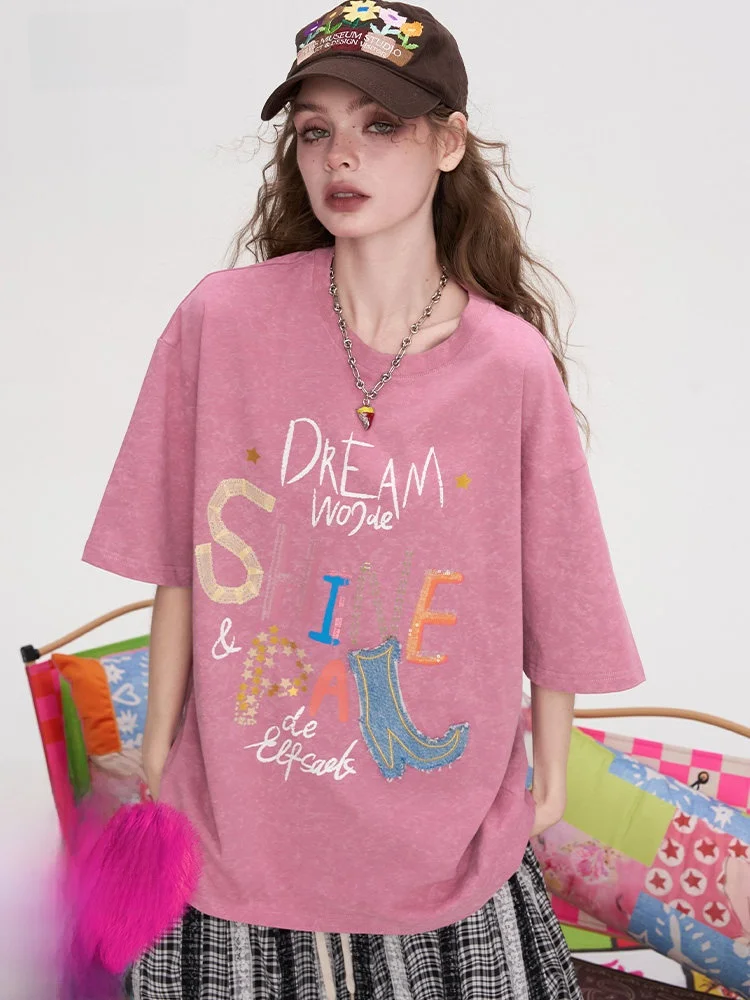 

Summer Loose Short Sleeve T-Shirt Women's Casual Style Printed Cotton Top Half Sleeve Denim Patchwork Oversize round Neck Tee