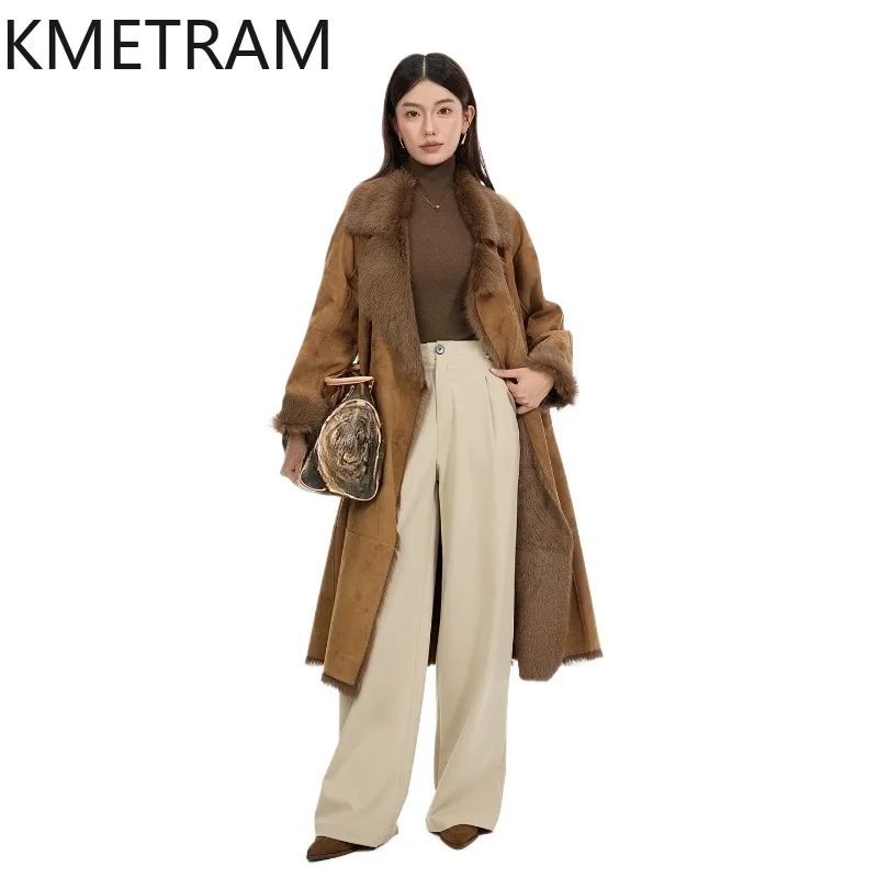 

KMETRAM Natural Tuscany Sheepskin with Wool Attached Coats 112cm Long Real Fur Coat Fashion Winter Jacket Woman Clothes 2026 퍼자켓