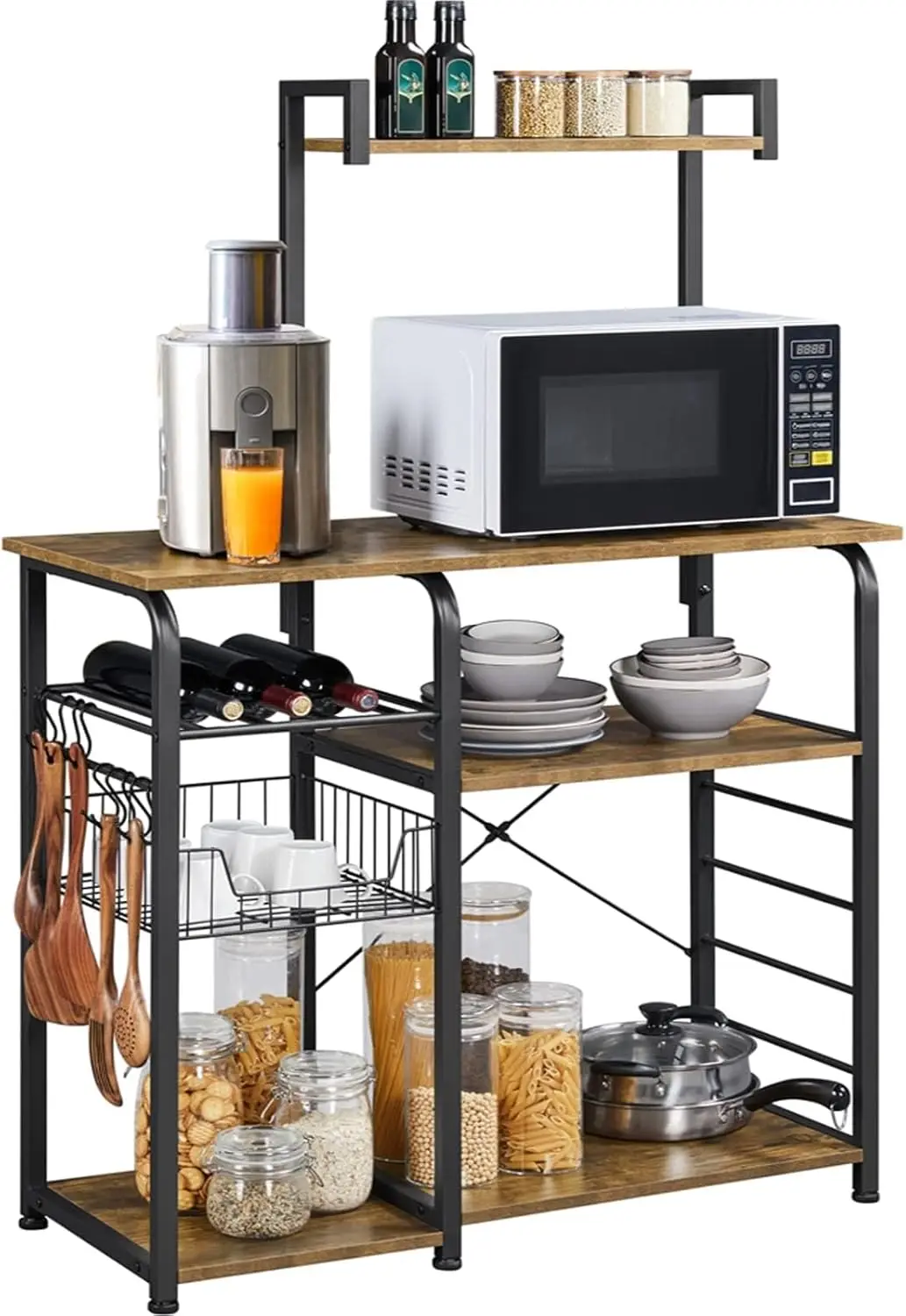 Yaheetech Kitchen Bakers Rack with Wire Basket, Microwave Stand Coffee Bar Cart with10 S-Hooks & Adjustable Feet, 4-Tier Kitchen