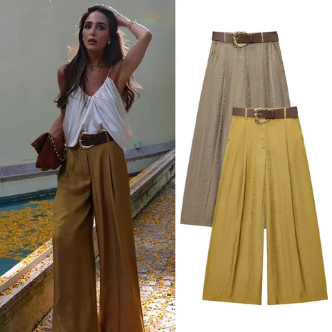 2025 Summer New Women's Solid Color Temperament Matching Belt Satin Textured Wide Leg Casual Pants