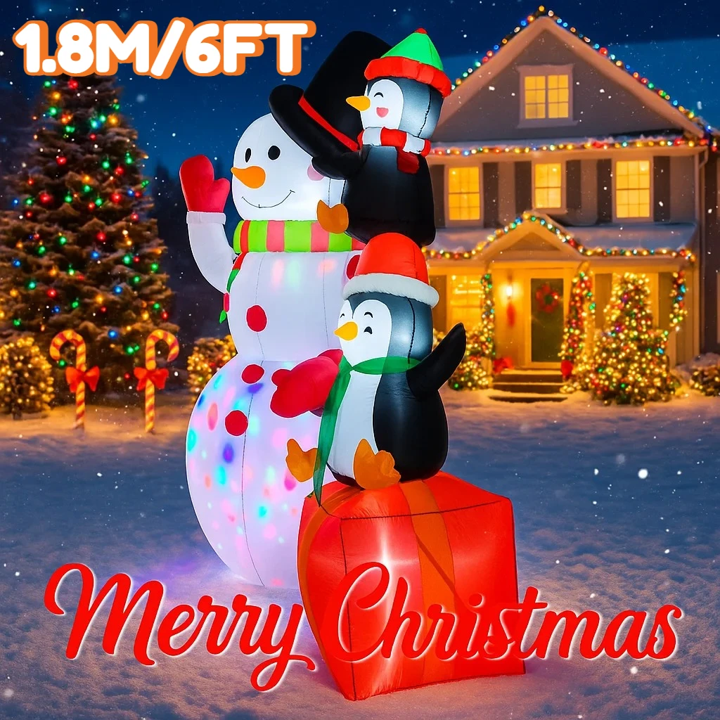 

1.8M/6FT Snowman Penguin Gift Box Christmas Decor Home Inflatable Toy with LED Lights Yard Xmas Ornaments Party DIY Decorations