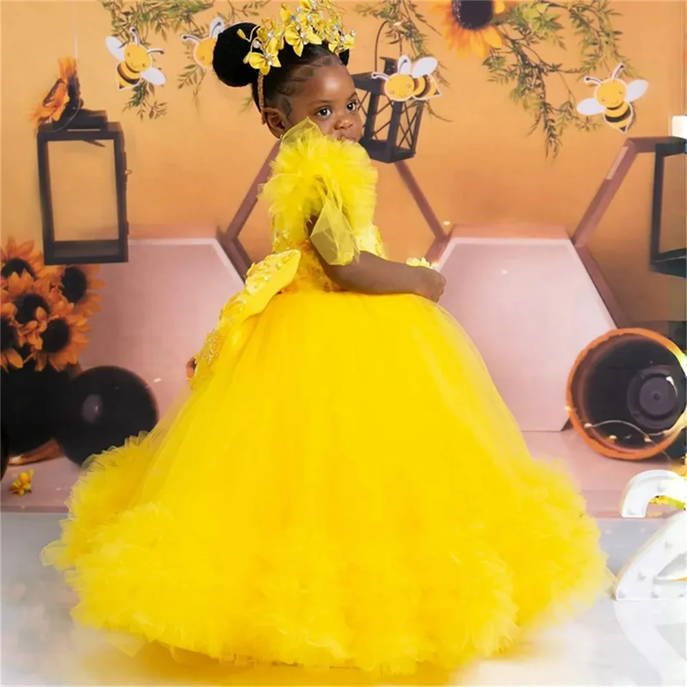 Yellow Beauty Pageant Flower Girl Dresses Short Sleeve Tulle Princess Ball Gowns Girls First Birthday Party Dress For Wedding