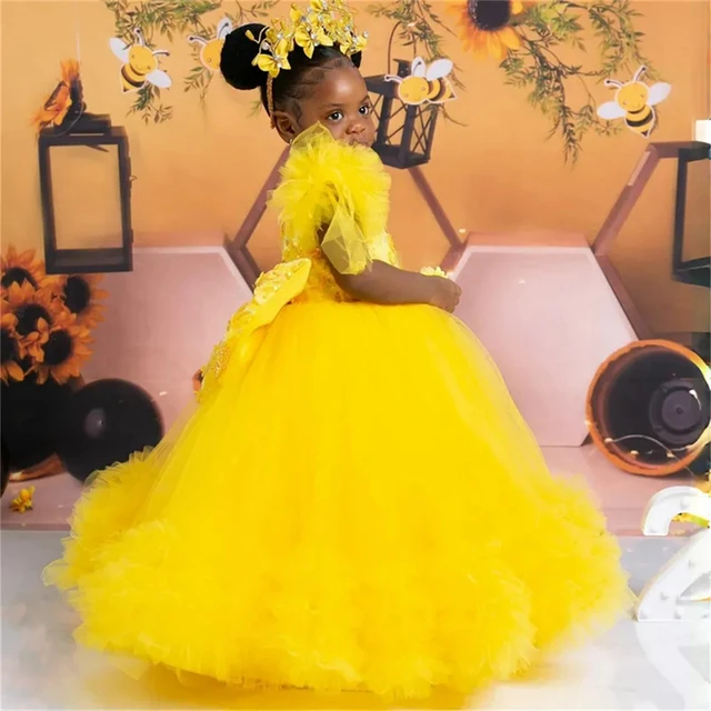 Yellow Beauty Pageant Flower Girl Dresses Short Sleeve Tulle Princess Ball Gowns Girls First Birthday Party Dress For Wedding AliExpress 320