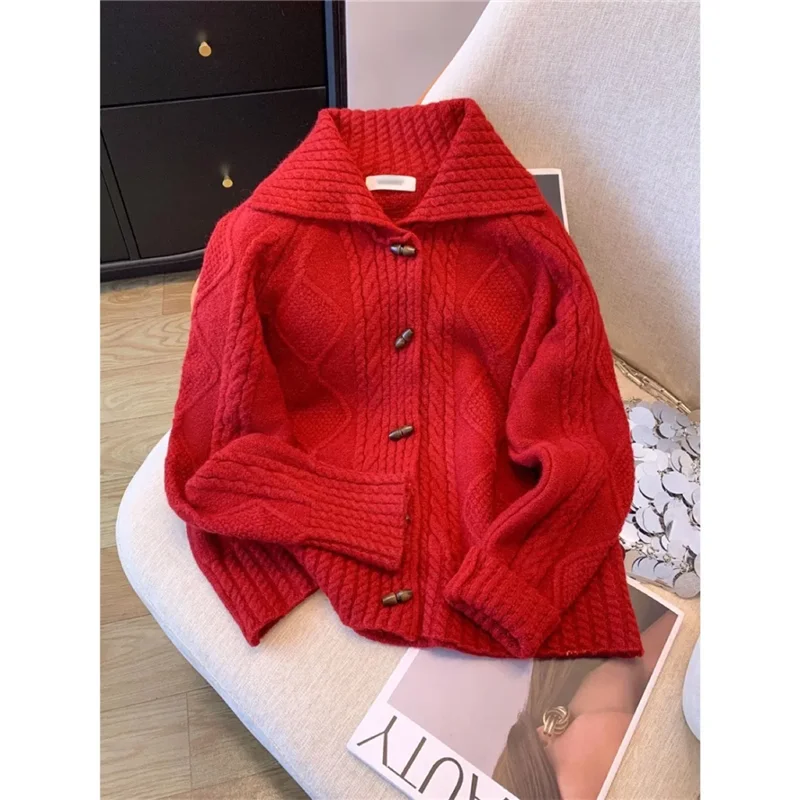 Automne hiver pull Cardigan femmes 2025 nouvelle mode ample décontracté haut en tricot corne bouton couleur Pure rouge pull femme
