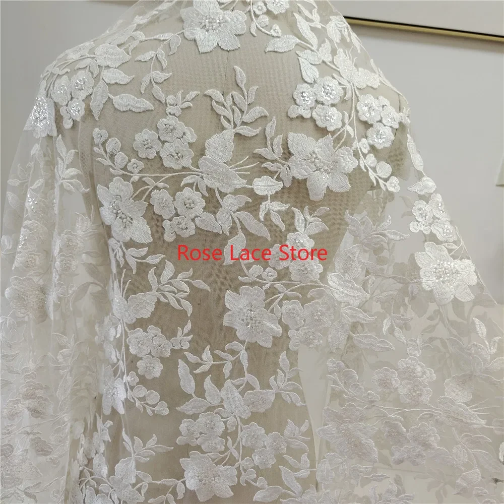 

Ivory Flower Sequince Embroidery Lace Fabric floral Mesh Tulle For Wedding Dress, Prom Gown, Couture Design, Flower Girls Dress