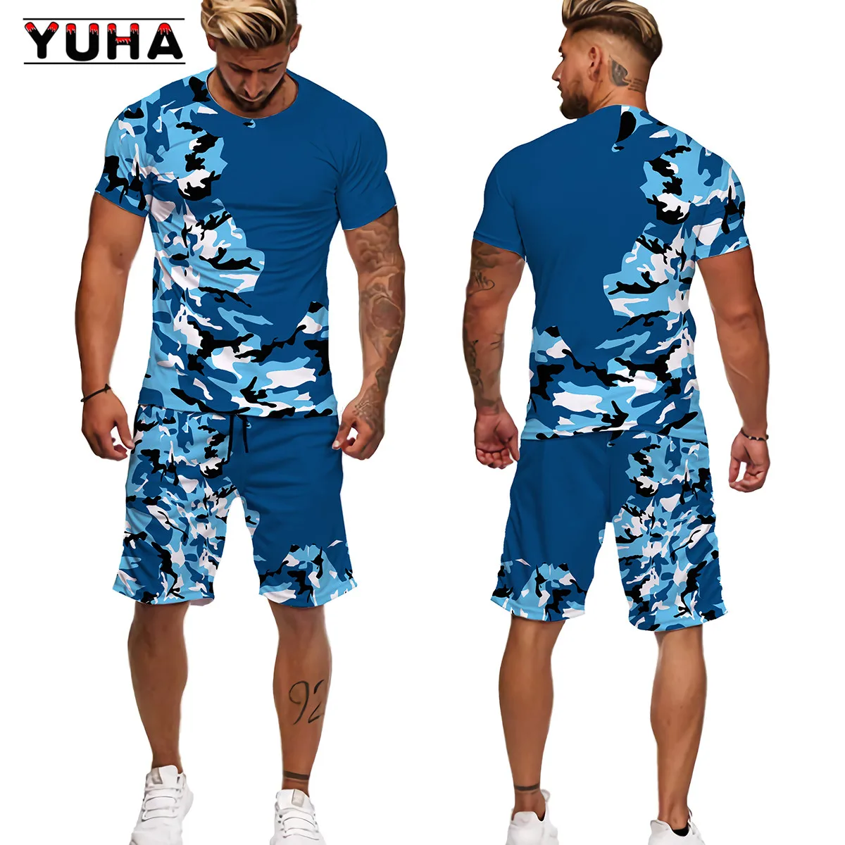 YUHA 2022 Summer Camouflage Tees/Shorts/Suits Men\'s T Shirt Shorts Tracksuit Sport Style Outdoor Camping Hunting Casual Mens Clo