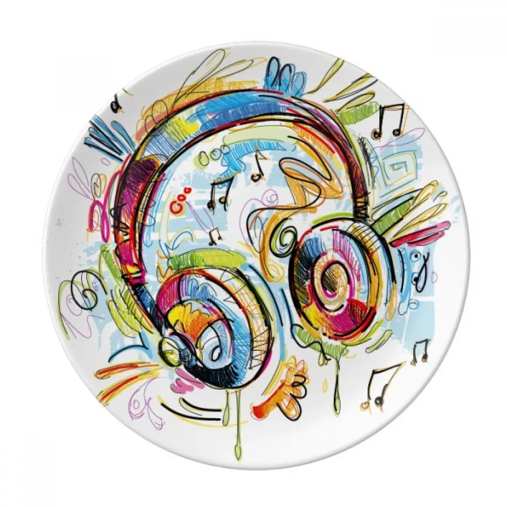 Music Print Ornament,Decorative Plates, Headphone Artistic Modern, 1 Plate with 1 Display Stand, Lavander Purple Aqua Magenta