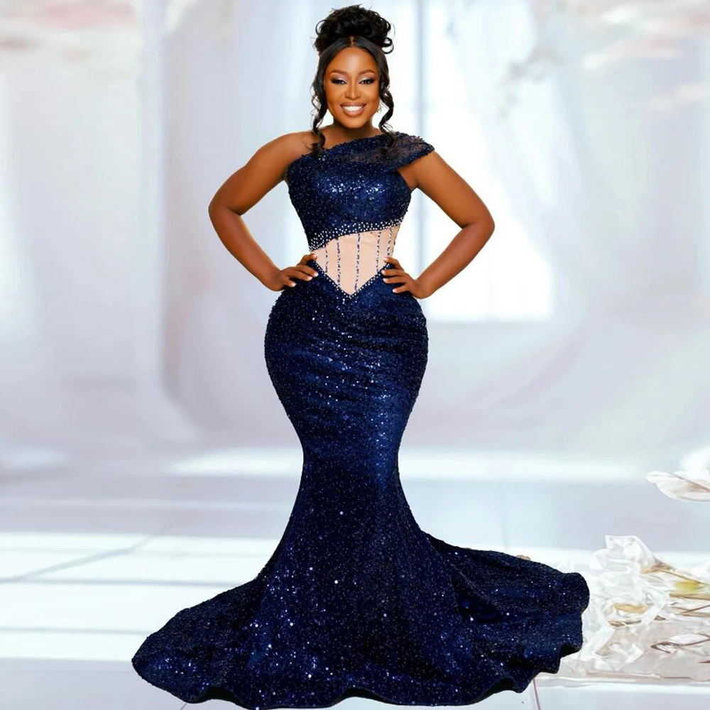 Customized Sparkly Navy Mermaid Prom Dresses One Shoulder Sequins Black Grils Evening Party Gowns Women Dinner Party Clothing