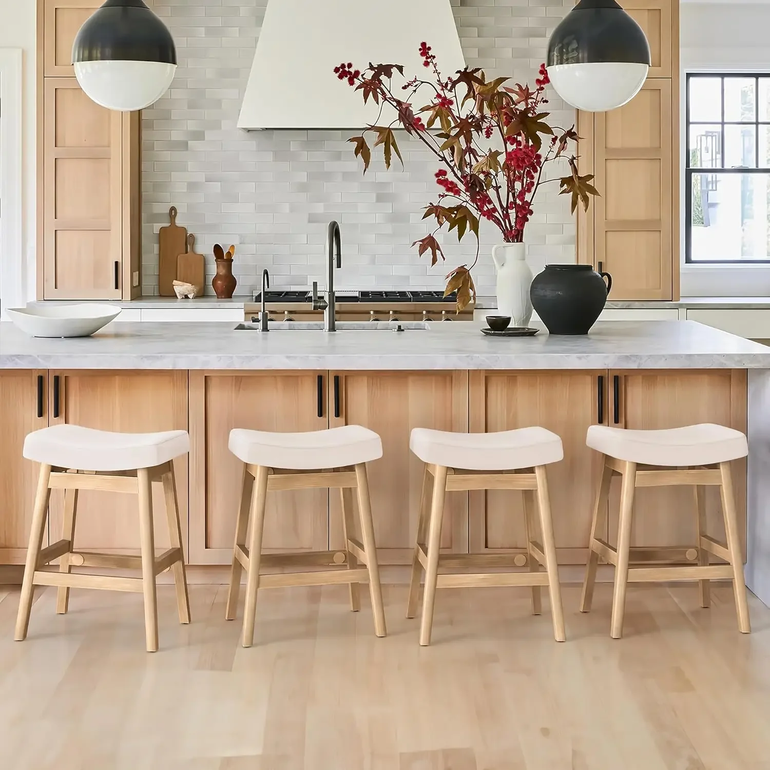 Saddle Seat Counter Height Bar Stools for Kitchen Counter, Bar, Dining, 24 Inch Farmhouse Counter Stools, Beige