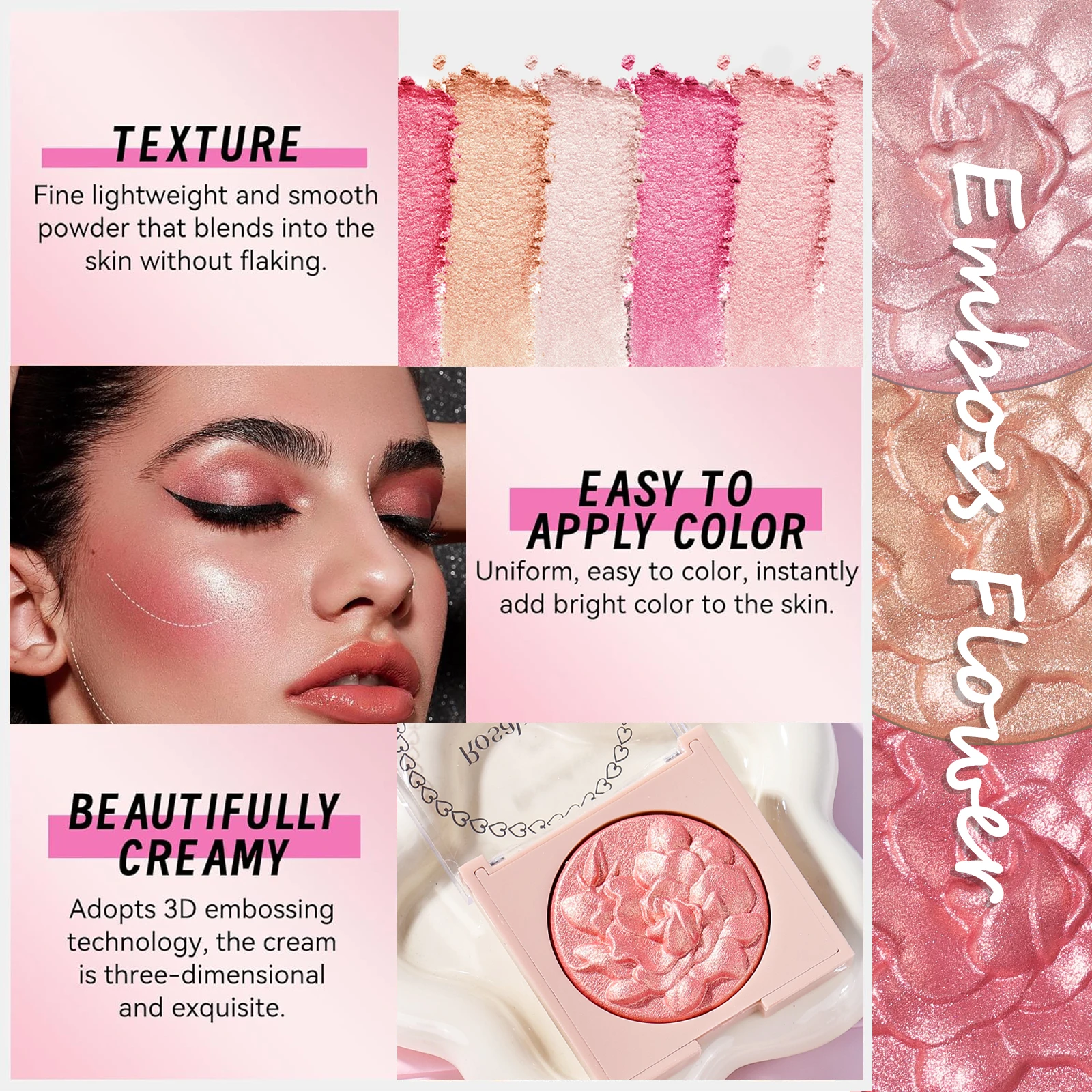 Perłowy połyskujący róż w proszku, jednokolorowy róż, drobny puder, poprawia koloryt skóry, róż bez latającego pudru