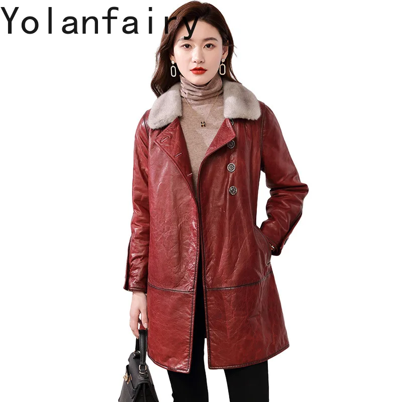 

YOLANFAIRY Leather Outwears Women Genuine Sheepskin Jackets Winter Long Mink Collar Down Jacket Sizes M-4XL Slim Coats New