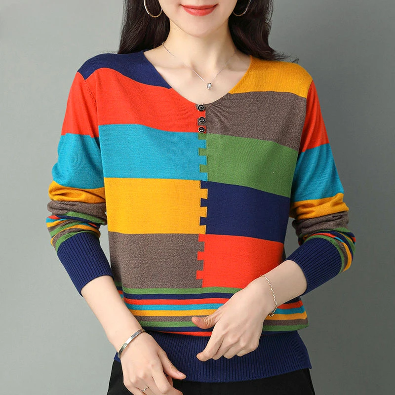 

Puzzle Patchwork Print V-neck Long Sleeved Spring Autumn T-shirts Skinny Causal Top All-match Cotton Women's Clothing F491