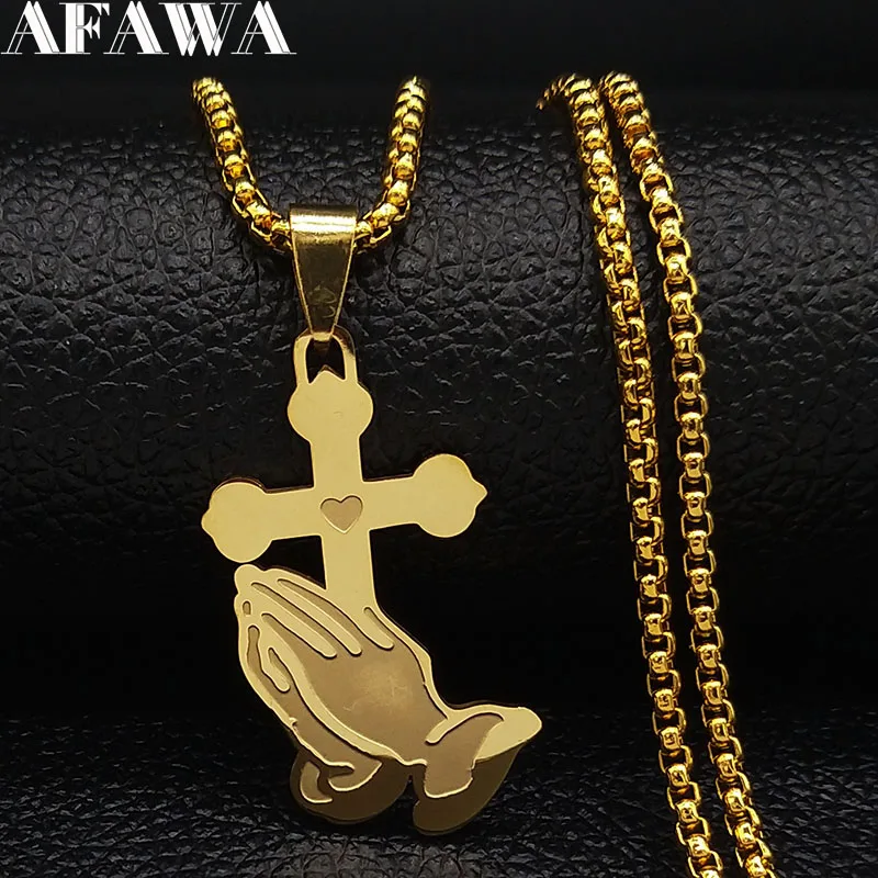 

Jesus Cross Praying Hand Stainless Steel Chain Necklaces for Men Gold Color Catholic Religious Faith Jewelry corrente N1166