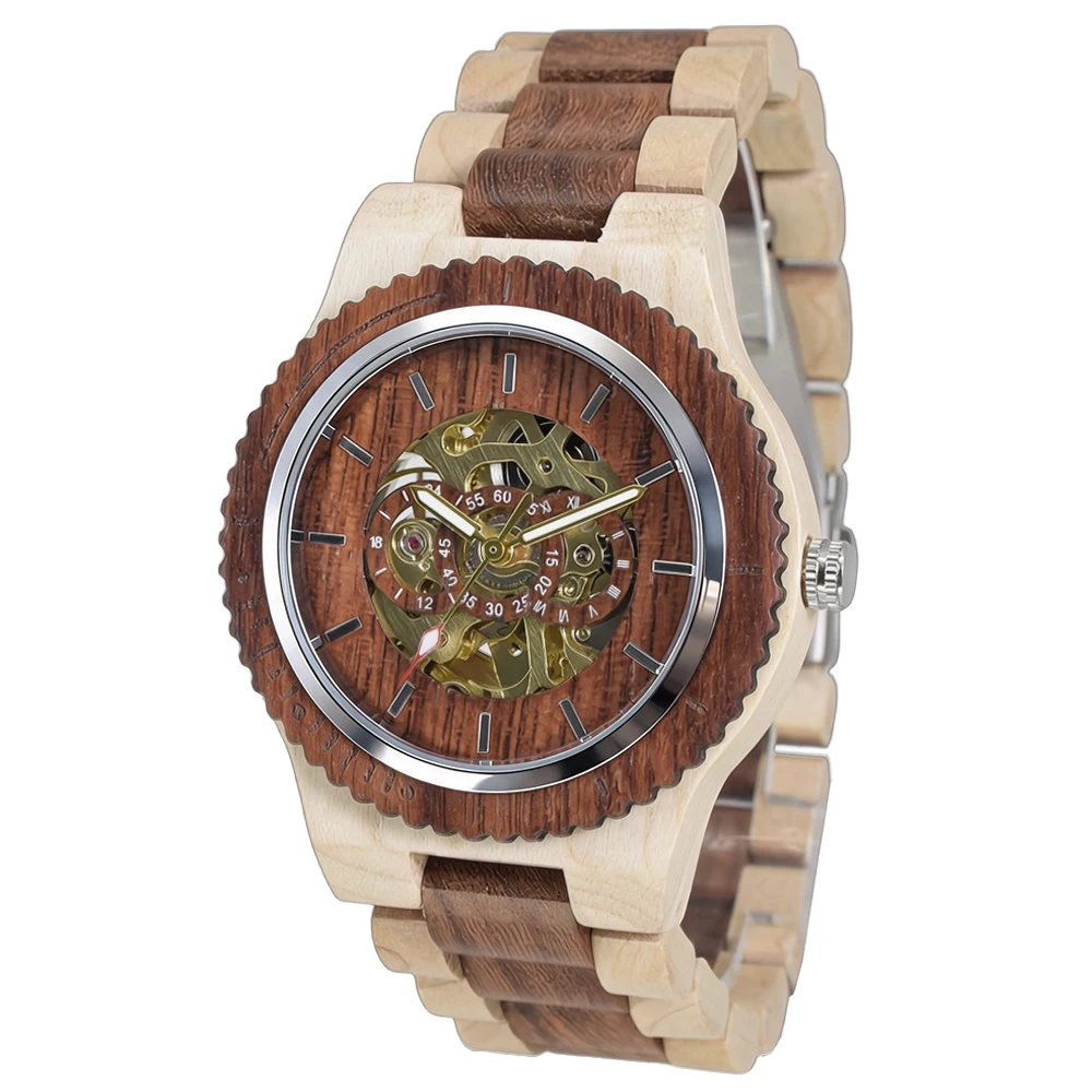 Wooden Skeleton Automatic Mechanical Watch for Men with Fashion Style and Round Fold Clasp Design