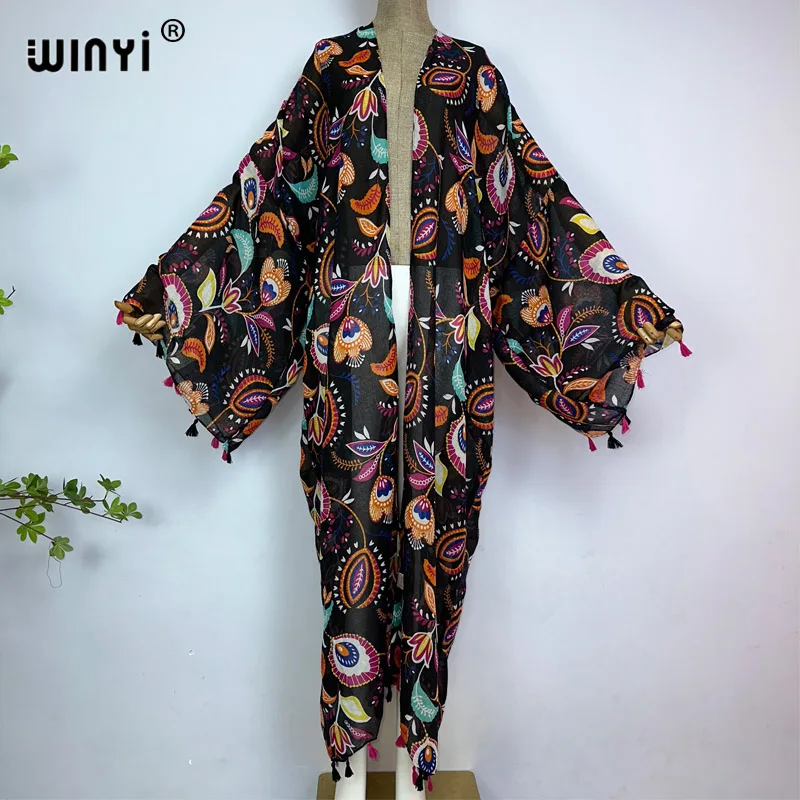 

WINYI Kimonos Women Retro bohemian printing Long Sleeve Cardigan Female Blouse summer Casual beach Cover Up party kuwait kaftan